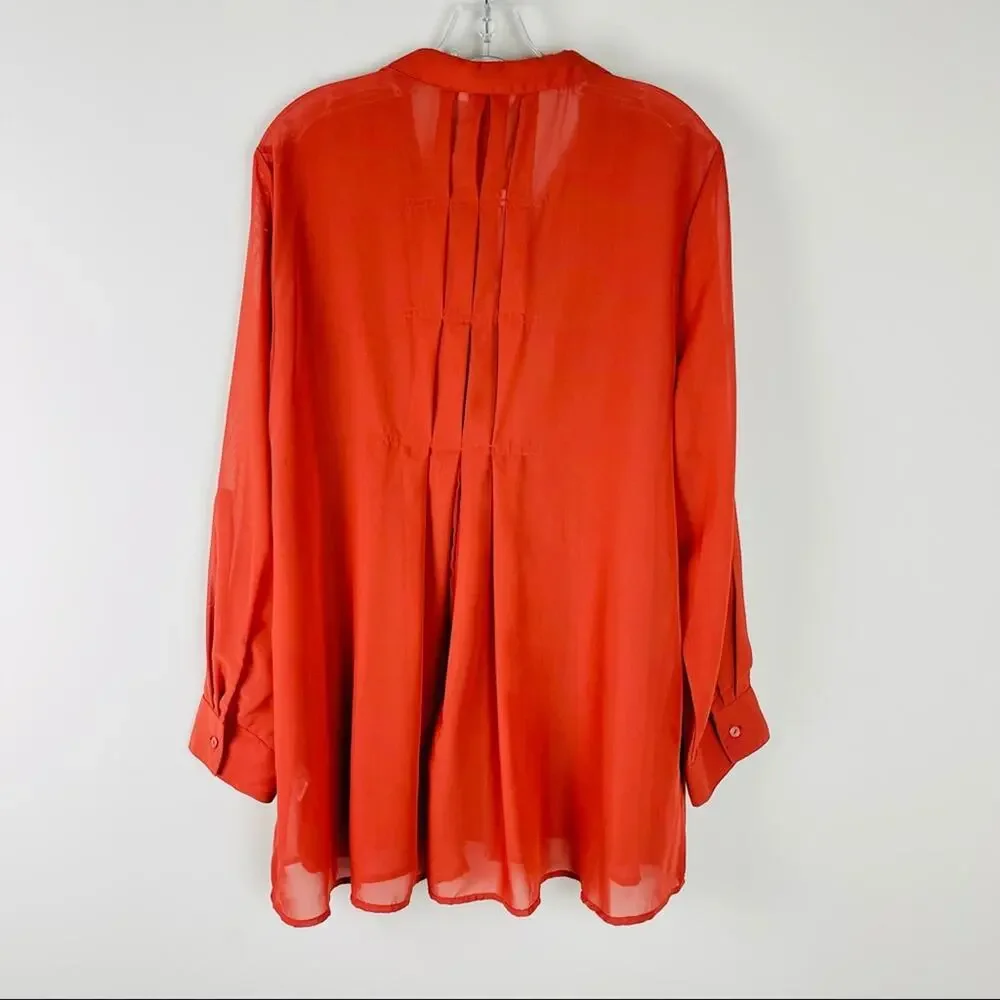 NEW Simply Noelle orange semi sheer chiffon button front pleat office top large - Picture 10 of 10